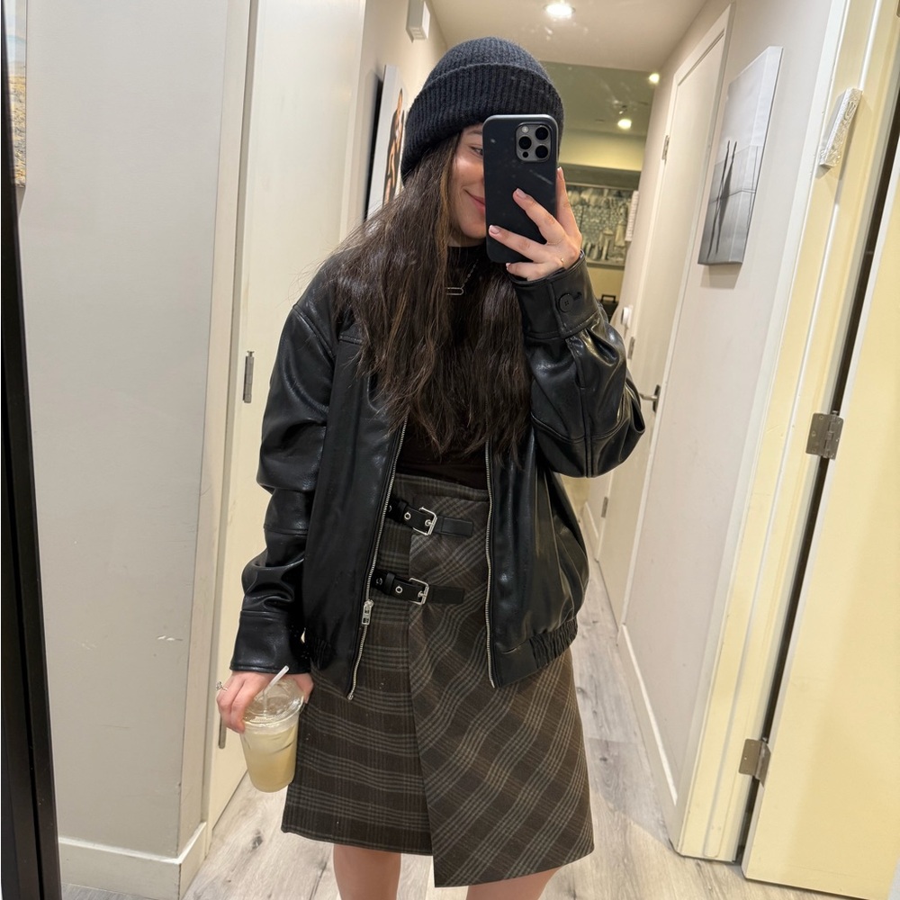 Mango Plaid Brown Skirt with Buckle Accents